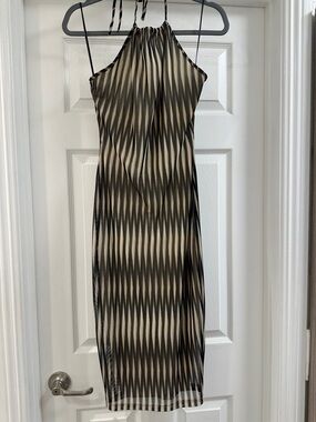 Lovely Day Chevron Halter Midi Dress - Beige & Black
